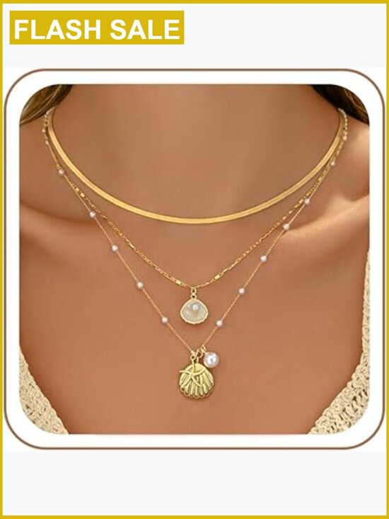 Jewelry - Layered Gold Seashell Necklace Set, Dainty Coastal Charm Jewelry for Women